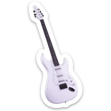 White electric guitar with sleek shiny body, black strings, and smooth neck sticker