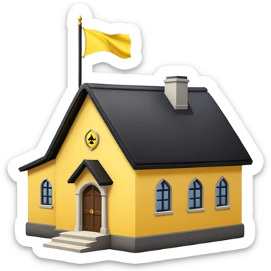simple magic school, low detail, white background, magic school, black roof, with a big flag, big flag on a roof, big yellow flag, white school sticker