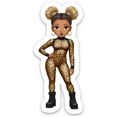 Melanie Brown with her hair in space buns and highlights wearing a tight leopard print two piece bodysuit and black combat boots sticker