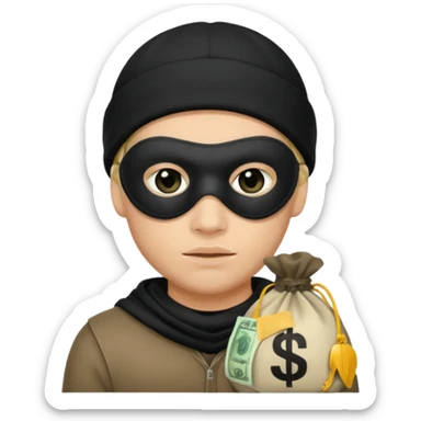 robber wears black eye mask and black beanies with money bag beside him sticker