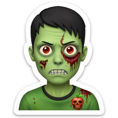 Zombie Emoji AppleIOS Style, lowfade Black Hair, nose piercing, and Black T-shirt, Green Skin sticker