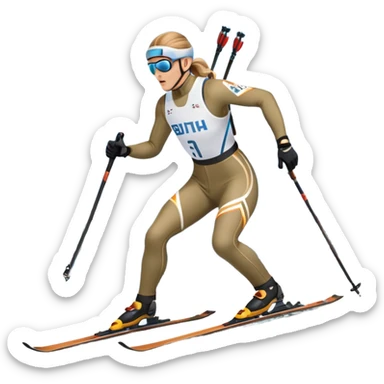 An icon featuring a biathlete in motion, holding a rifle and skiing across a snowy course. The backdrop includes snow-covered trees, distant mountains, and a clear blue sky. Transparent background highlights the precision, endurance, and excitement of biathlon. sticker