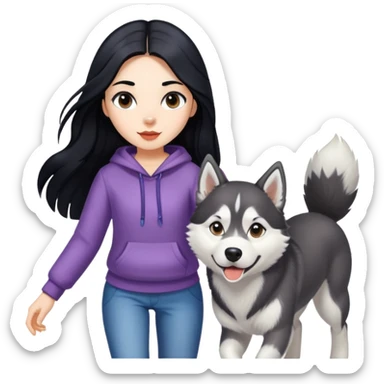 A girl with long black hair walks a husky sticker