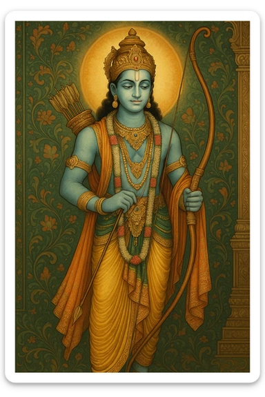 Lord Srirama in traditional Indian attire, holding a bow, serene expression, divine aura, intricate jewelry, standing pose, vibrant colors, detailed background, inspired by Indian mythology sticker