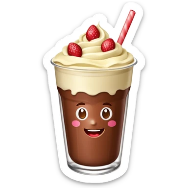 Un vaso cubierto de chocolate que arriba se vea crema batida fresas y mym sticker