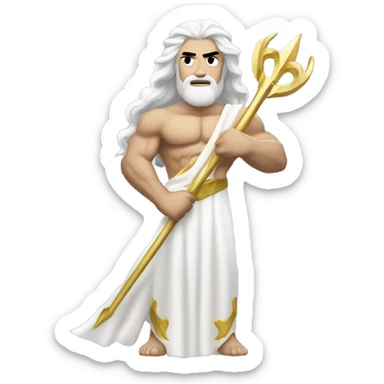 white Poseidon with gold Trident. long white hair white dress. show biceps sticker