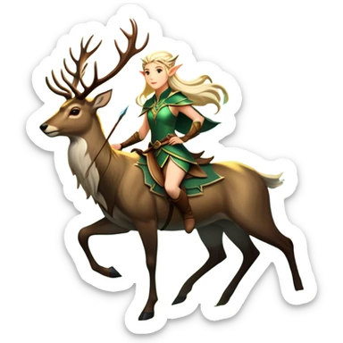 An icon representing an adventure game, inspired by high-fantasy RPGs. The design features a swift and agile elven ranger riding a majestic stag through an ancient forest, its antlers glowing faintly with mystical energy. Sunlight filters through towering trees, creating a sense of mystery, nature, and adventure. Transparent background. sticker