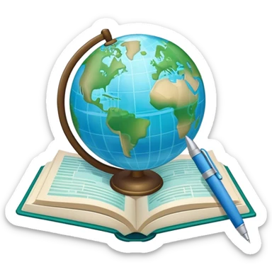 Create an emoji representing language translation. The design should feature just one globe in the background, symbolizing international communication. In front of the globe, place two opened books with texts on them and a pen nearby to indicate the act of writing. Use a clean and professional color palette with blues, greens, and neutral tones. Make the background transparent. sticker