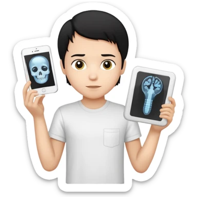 generate a pretty bratz emoji of a boy with black hair wearing a white tshirt and holding a cT sticker