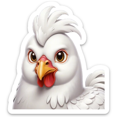 Cinematic Noble White Chicken Portrait Emoji, Poised and regal, with a compact, sturdy build and a pristine, well-groomed pure white plumage, deep-set soulful beady eyes, Simplified yet sharp and sophisticated features, highly detailed, glowing with a soft, dignified glow, high shine, intelligent and alert, stylized with an air of barnyard elegance, focused and attentive, soft glowing outline, capturing the essence of a watchful and confident fowl, so majestic it feels as though it could strut out of the screen with effortless authority! sticker