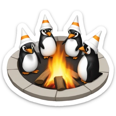 Penguins circling a fire pit while wearing white duns caps sticker