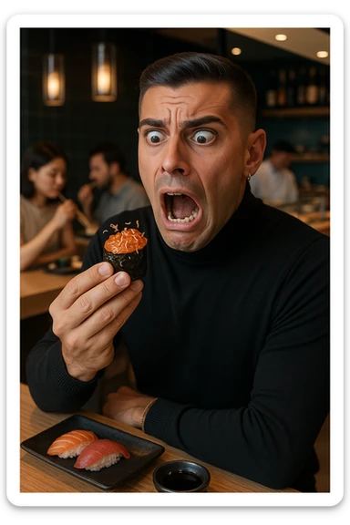 a man in casual clothes is about to eat a salmon gunkan at a sushi restaurant. As he brings it closer, he spots tiny parasites and bacteria wriggling on the fish. His face contorts in a dramatic expression of shock and alarm, with his hand frozen mid-air. The setting is a modern sushi bar, with other diners in the background unaware of the situation. sticker