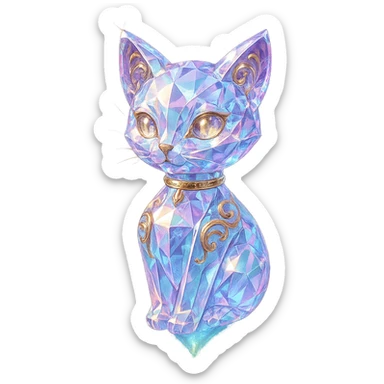 luxurious crystal elixir bottle in the shape of a kitten, pastel gradient, lots of shine, edges, ornaments, golden details, magical effects, very small golden collar, transparent background, beautiful merging base, clearly floating in the air, no base or shadow, premium class impression, playful and interesting design, fitting a collection of crystal, luxurious, magical bottles sticker