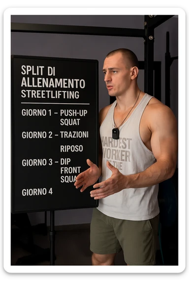 uomo che spiega alla lavagna la "Split di Allenamento" per lo streetlifting. tutto in italiano sticker