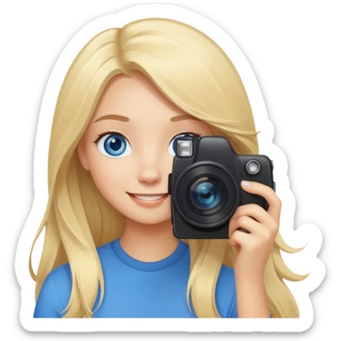  blue eyes blonde girl photographer cartoon taking picture in middle of taking picture camera in front of face long hair smiling funny flash professional, camera in front of face sticker