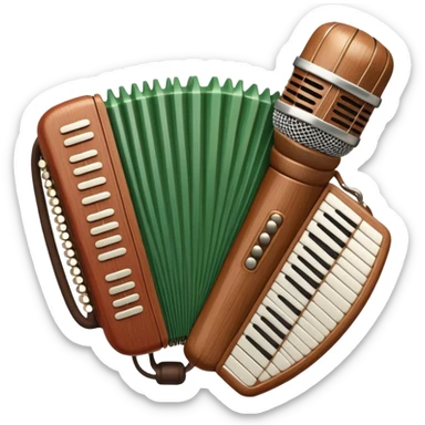 Create a warm and inviting humanless emoji representing folk singing. The design should feature a traditional microphone, perhaps with a wooden texture, symbolizing the rustic and authentic feel of folk music. Surround the microphone with subtle elements such as a hand-played tambourine, an accordion, or a balalaika to reflect the folk instruments. Add flowing musical notes to symbolize the vocal melodies. Use earthy, natural colors like browns, reds, and greens to evoke a sense of tradition, warmth, and connection to the community. The background should be transparent. sticker