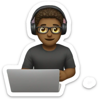 programmer in front of a library full of books books-wearign a headset coding on a laptop sticker