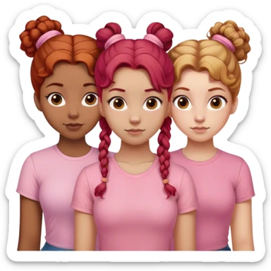 Three sisters one of them have red hair with buns. One of them have dirty blonde hair with ponytail. One of them have white curls with brown hair and they are all wearing pink shirts sticker