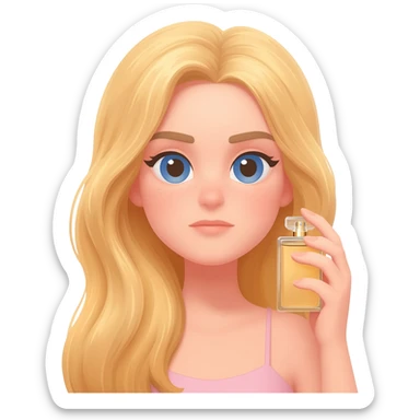haz una memoji rubia d pelo largo aplicandose perfume sticker