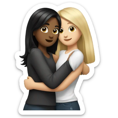 A girl with dirty blonde hair hugging a girl with black hair  sticker