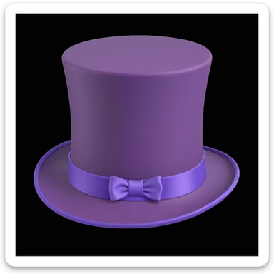 tall vintage-style purple top hat with smooth slightly glossy surface, wide brim, colorful satin ribbon around base, whimsical and elegant, inspired by Willy Wonka's iconic headwear, apple-style cartoon finish, soft shadows, clean white background sticker
