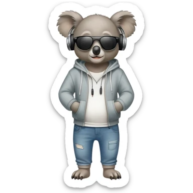 anthropomorphised koala full body wearing a hoodie and jeans dark sunglasses headphones sticker
