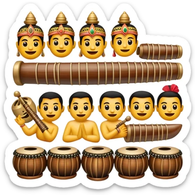 Cinematic Realistic Gamelan Pop Culture Emoji, depicted with an ensemble of traditional Indonesian instruments rendered with rich textures and rhythmic, cultural lighting. sticker