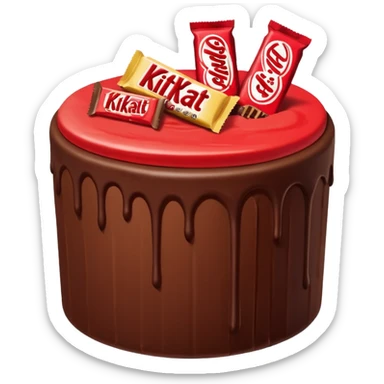 Bolo de chocolate cilíndrico, com fatias de morango em cima e a parede do bolo ao redor de kitkat sticker