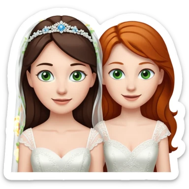 A tall, pale woman with very dark brown hair and green eyes marrying a shorter ginger woman with blue eyes, both in wedding dresses. sticker