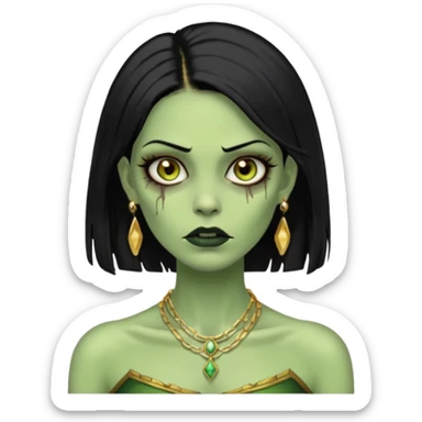 Faça uma zombie mulher bonita verde com olhos castanhos cabelos pretos partido ao meio liso, com estilo y2k e ouro sticker