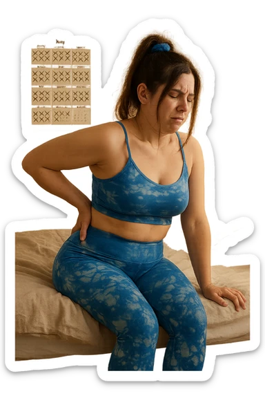 a woman in her 30s sits on the edge of her bed in the morning, holding her lower back with a pained expression. Subtle visual cues, like uneven shoulders or hips, hint at postural asymmetry. The room is softly lit, and a calendar on the wall shows months crossed off, symbolizing chronic pain over the years. sticker