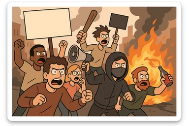 riot, group of people protesting, vibrant colors, flat toon style sticker