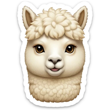 Cinematic Noble Cream Alpaca Portrait Emoji, Poised and regal, with a graceful, sturdy build and a luxuriously soft, well-groomed cream fleece, deep-set soulful gentle eyes, Simplified yet sharp and sophisticated features, highly detailed, glowing with a soft, dignified glow, high shine, intelligent and serene, stylized with an air of pastoral elegance, focused and attentive, soft glowing outline, capturing the essence of a watchful and confident companion, so majestic it feels as though it could stride out of the screen with effortless authority! sticker