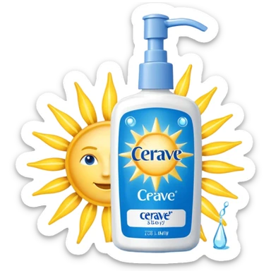 White CeraVe bottle with blue label and yellow “AM” badge, topped with a pump. Surrounded by radiant sun sparkles, soft UV-deflecting light rings, and a blue protective glow. Feels like a daytime skin shield potion in a sleek, glossy bottle. sticker