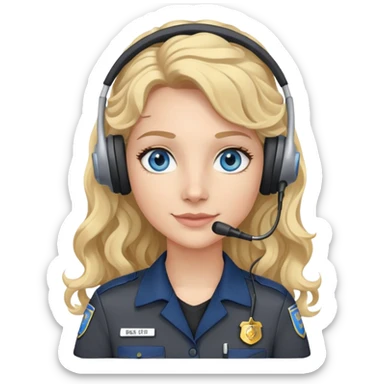 911 dispatcher dark gray uniform, blue eyes, long curly blonde hair, head set sticker