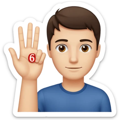 A guy with his left hand higher right lower left hand with a 6 on it right with a 7 sticker
