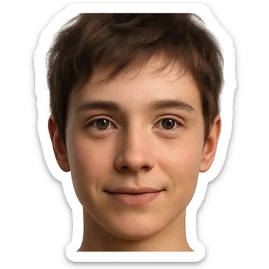 hyper-realistic emoji face of a young person with short tousled brown hair, light skin, slight smile, detailed skin texture, natural lighting, lifelike eyes, realistic facial features sticker