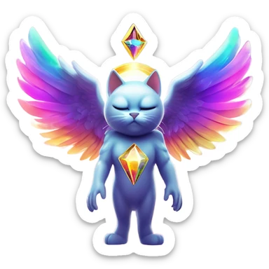 Omega ultra cosmic galactic hyperverseal alpha Transcendent Heavenly Rainbow 4d Diamond ultra mega surpream beyond Omni-Cat God with wings and a ring around its body and another ring above it’s head full body sticker
