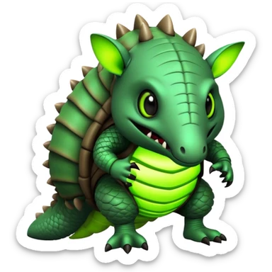 Biohazard armadillo. has black skin and a dark, segmented shell, with the middle sections of each segment glowing in a toxic lime green. The armadillo's face has a twisted, evil grin. His eyes are wide and intense, glowing in the same toxic green. sticker