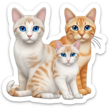 three cats, one lynx point siamese cat with blue eyes, one orange and white tabby cat, and one all orange cat sticker