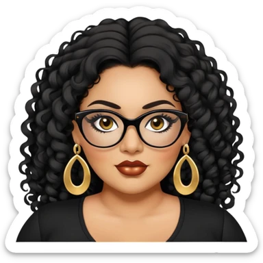 big plus size, latina, darker tan skin, long black curly hair, baddie,pretty, makeup, lipliner, black eyeliner, long hair, gold earrings, black top, black glasses sticker