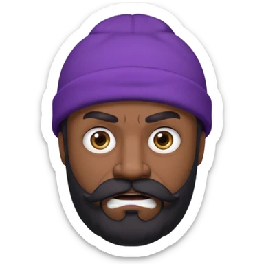 Epic anime Berserker type character. He is a middle age man with dark beard and mustache, baggy eyes and a stoic furious look. He’s wearing a purple beanie and black clothes.  sticker