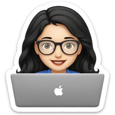 Cute female developer style sitting in front of laptop. No glasses, smiling with long hair waves. Early 20s light skin tone. Black hair sticker