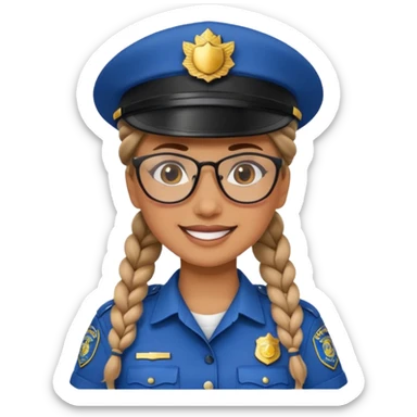 happy woman police with braided hair wearing hat, glasses  sticker