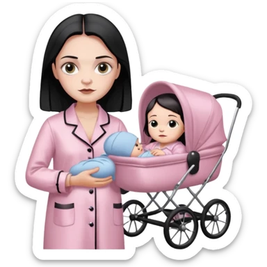 Full model stunning Wednesday Addams dark smoky eyeshadow in a unbuttoned Light pink silk pyjamas set and baby carriage  sticker