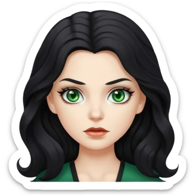 Mean looking white girl with long, wavy black hair, green eyes, and wearing makeup. sticker