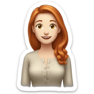 redhead white woman with medium long straight hair, greetting, wearing romantic blouse sticker
