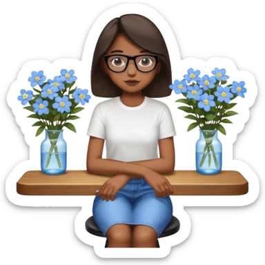 Créame una chica morena de pelo más o menos por los hombros con granitos en la cara y unas gafas negras, que esté sentado en una silla de bar con una camisa blanca con florecitas azules sticker