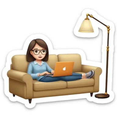 A girl is working with a laptop while lying on a sofa, with a floor lamp to the right. sticker