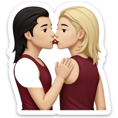 a white masculine woman with short mullet tomboy black hair wearing men's black tank top kissing a lightskin woman with long dark blonde hair wearing maroon tank top sticker